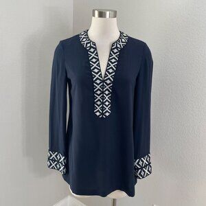 Tory Burch Womens 4 Navy Tunic Top Ariana Embroidered Knit Trim Long Sleeve